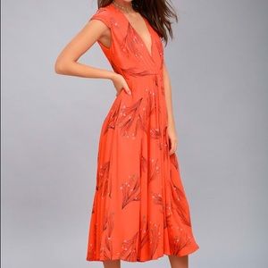 Free People Coral Orange Floral Print Midi Dress